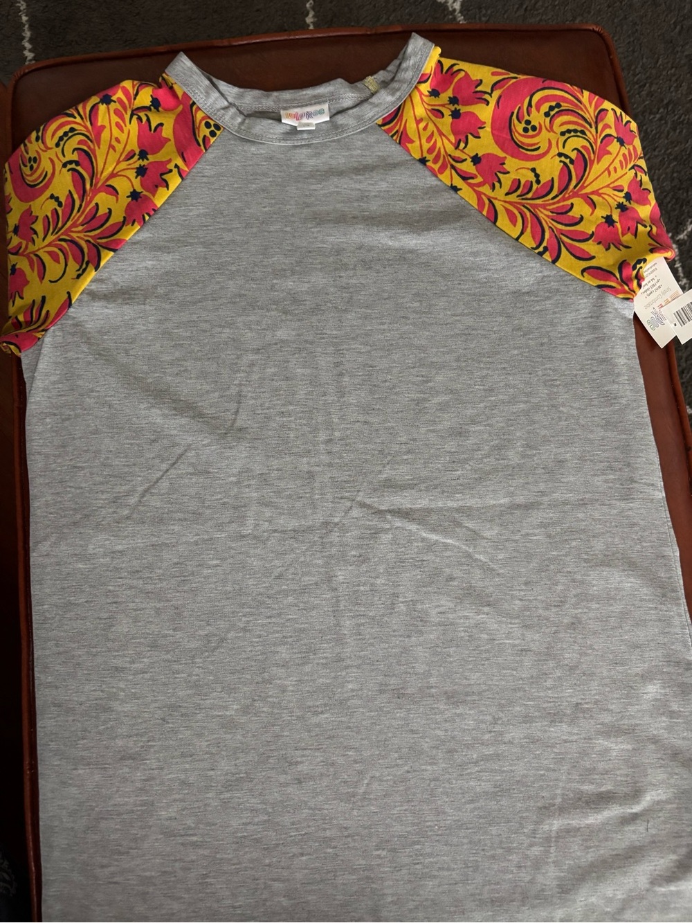 LuLaRoe Gray Tee with Floral Sleeves size 14 - unisex